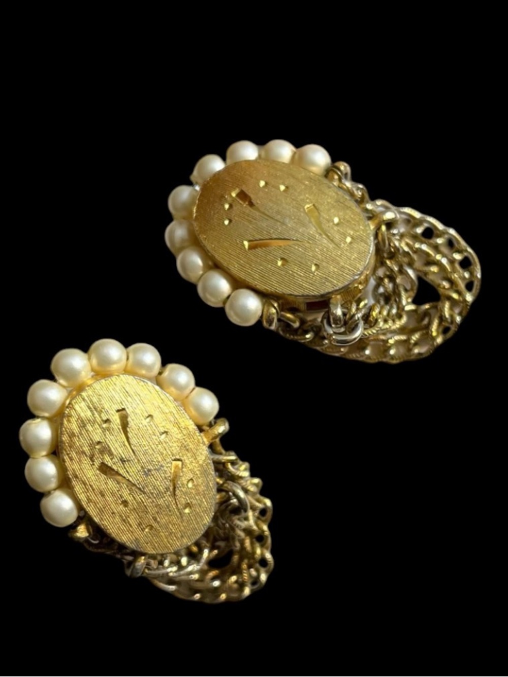 Vintage Kramer Gold-Tone Pearl Trim Oval Clip-On Earrings